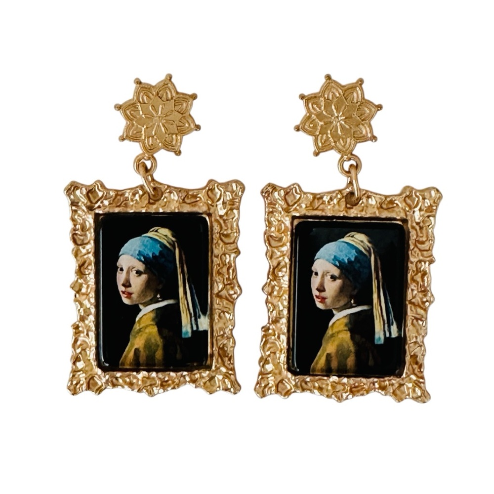 Girl with a Pearl Earring by Vermeer Inspired Pierced Gold Tone Dangle Earrings